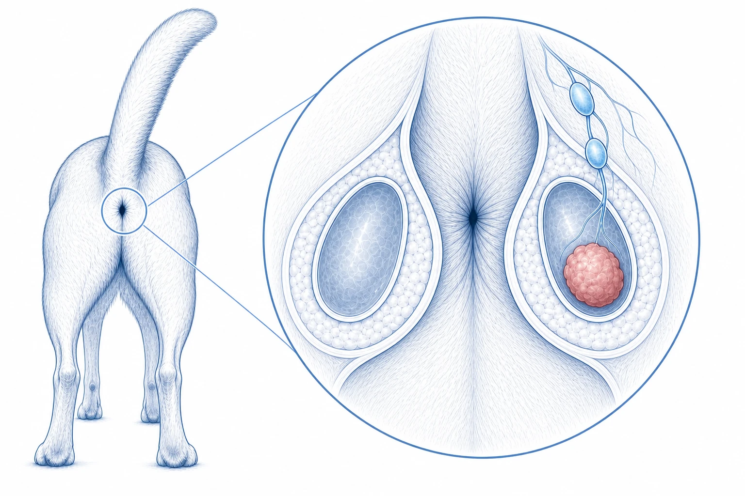 Rear-view veterinary illustration of paired anal sacs, one internal anal-sac mass, and regional lymphatic nodes