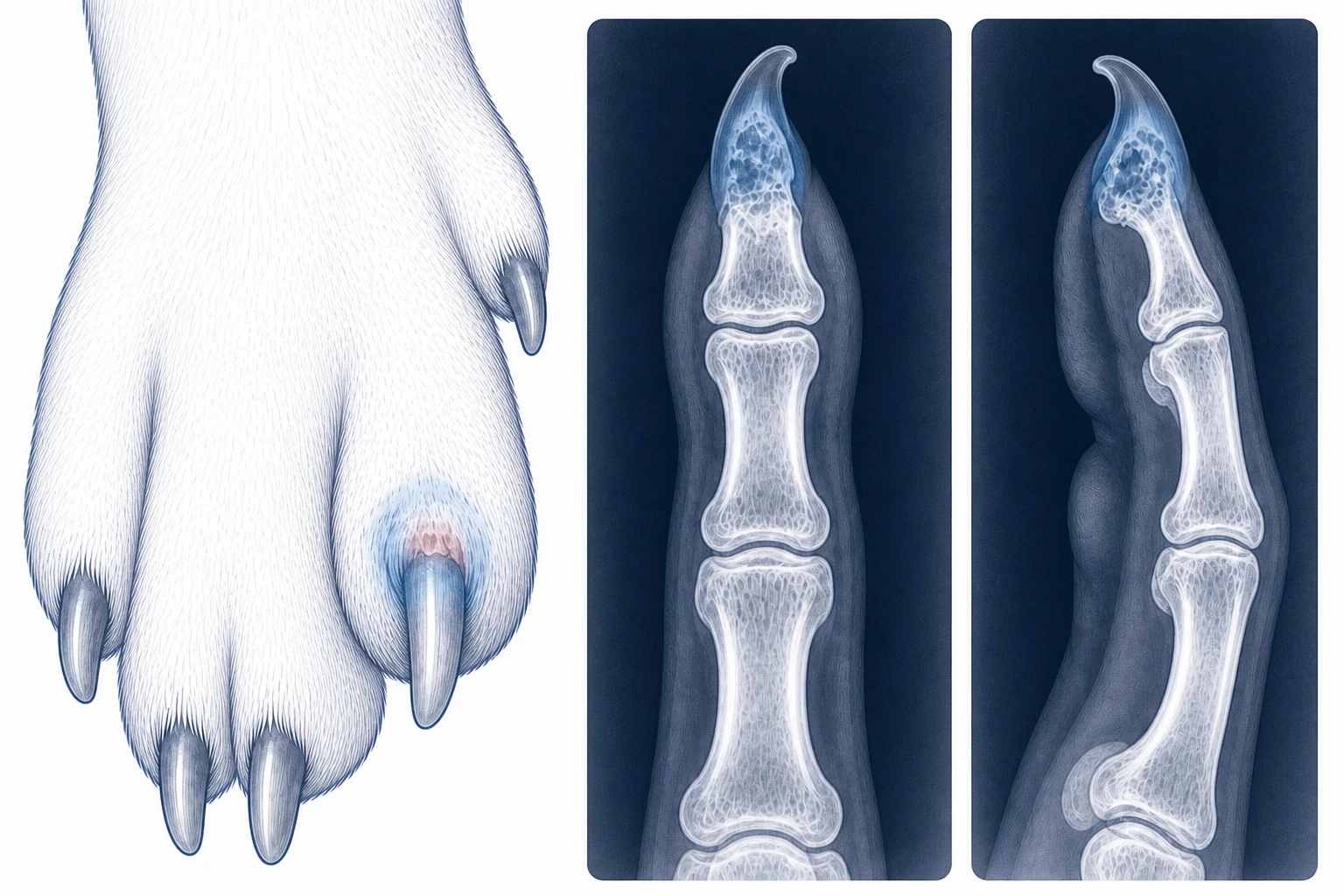 Veterinary illustration of a canine digit or nail-bed lesion with two clear orthogonal radiographic views