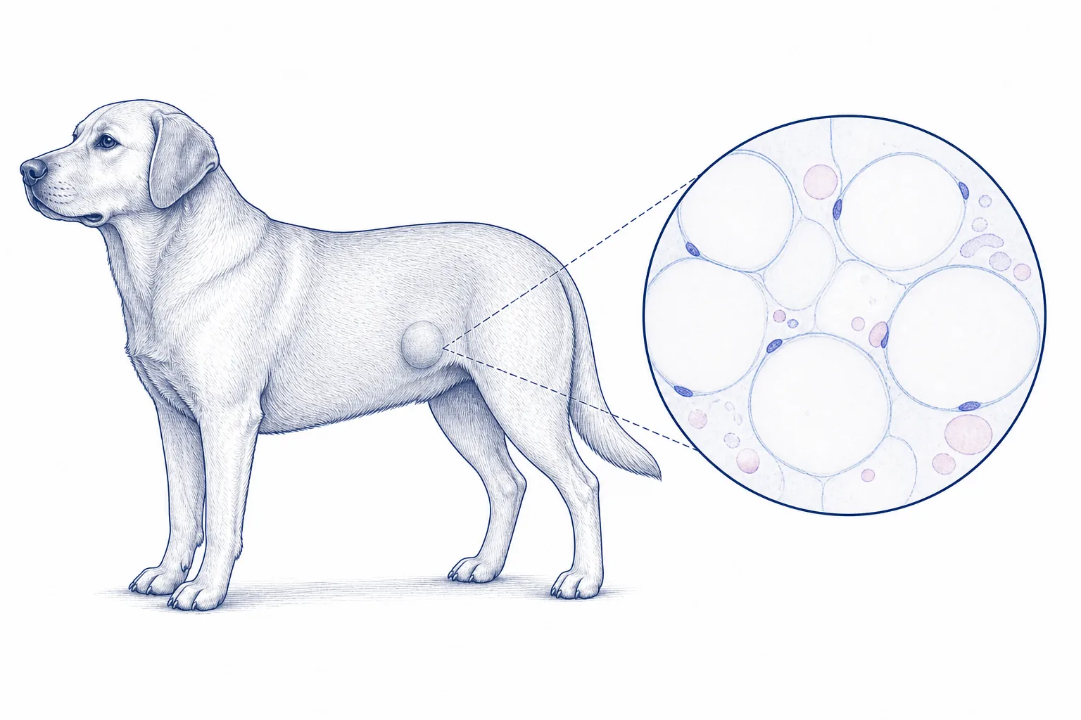 Veterinary illustration of a canine lipoma and adipose cytology