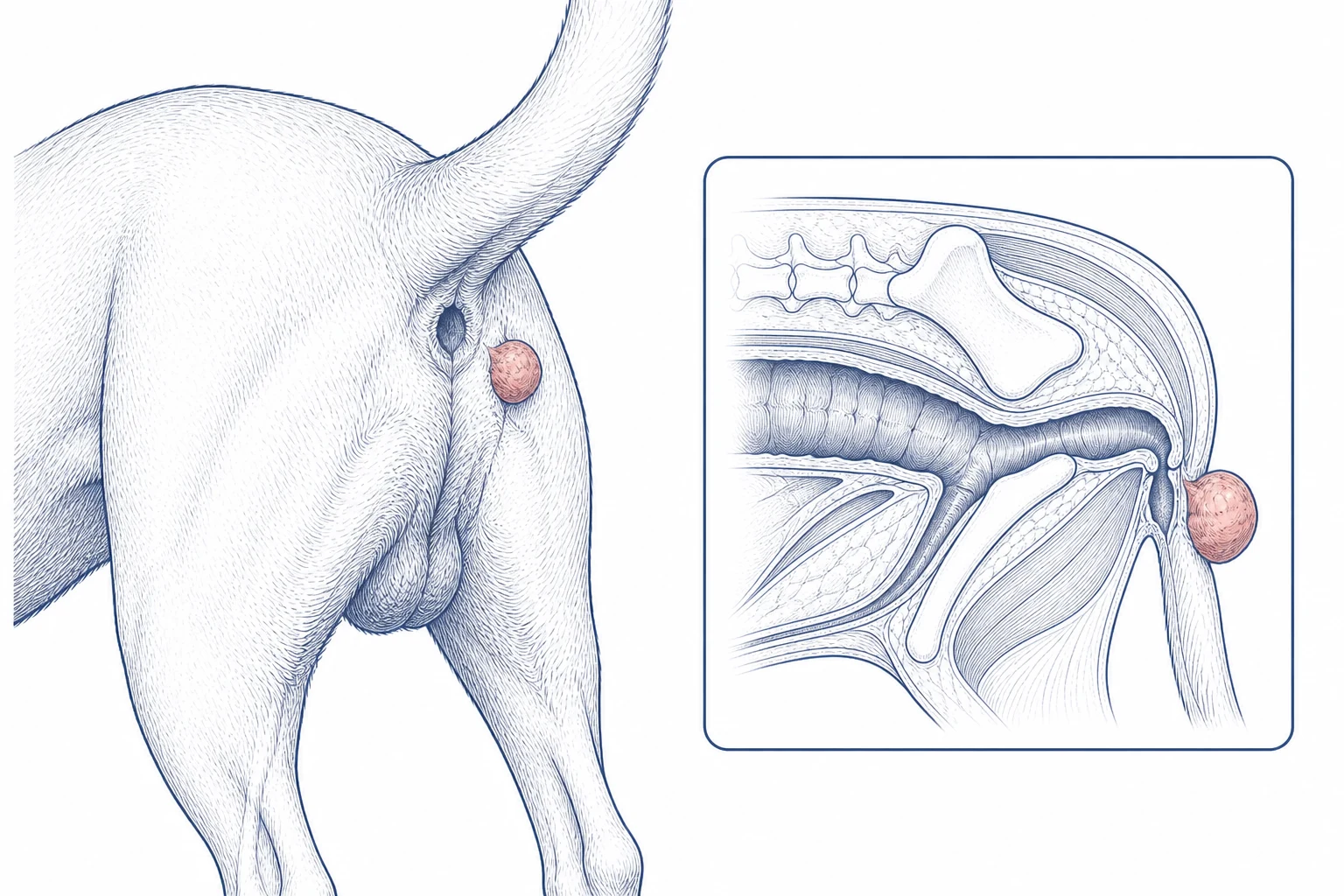 Rear-view veterinary illustration of an external canine perineal mass