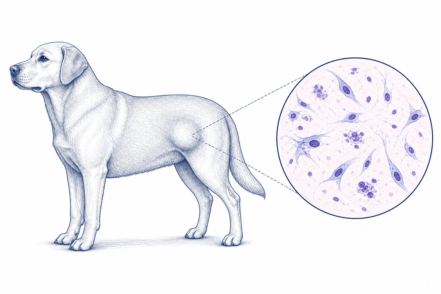 Veterinary illustration of a canine soft-tissue sarcoma and spindle-cell cytology